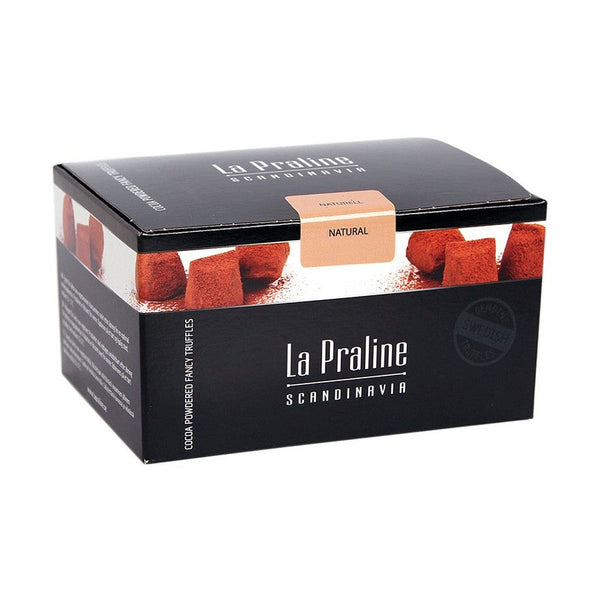 Chokladshopen La Praline Naturella tryfflar i en elegant svart presentask med kakaopudrade chokladbitar