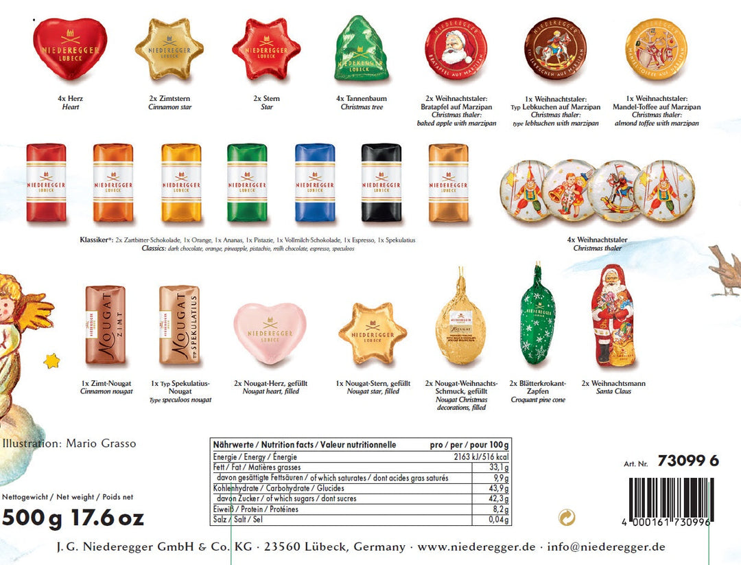 Chokladshopen Niedereggers adventskalender med 500g marsipan, nougat och choklad i nostalgisk juldesign.