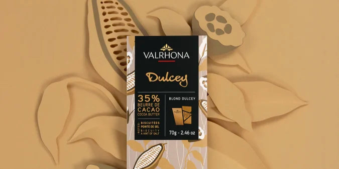 Chokladshopen Valrhona Dulcey 35% blond chokladkaka med toner av smörkola och en lättsaltad finish i 70g förpackning
