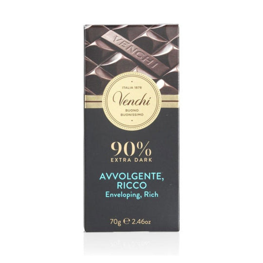 Chokladshopen Venchi mörk choklad 90% i elegant förpackning med intensiv smak av sydamerikansk kakao.