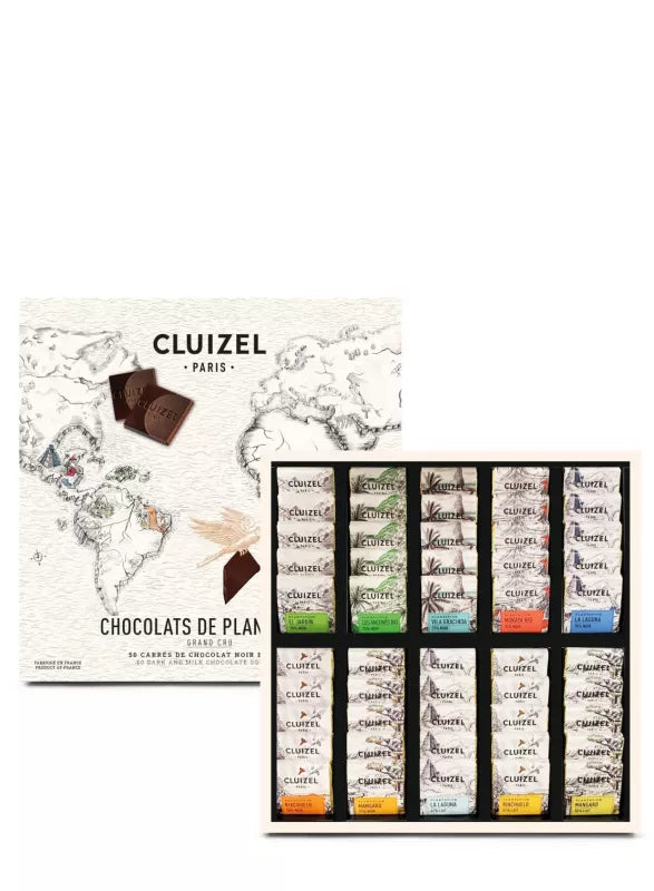 Cluizel Provningsask Plantagechoklad 250g med världskarta och 50 smakbitar från olika plantager
