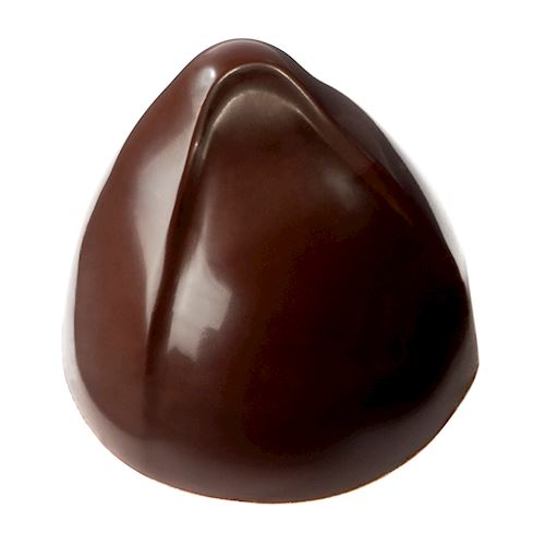 Glansig mörk chokladpralin med konisk form och åra