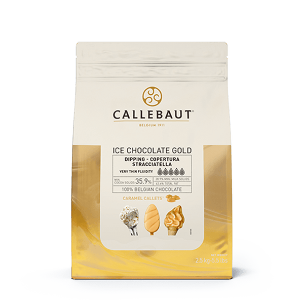 Callebaut Ice Chocolate Gold 35.9% cocoa caramel callets in 2.5kg stand-up pouch