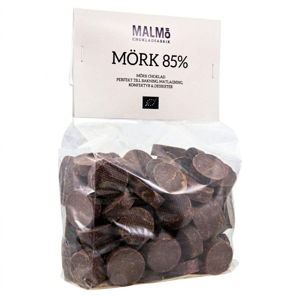 Malmö Chokladfabrik mörk choklad 85% EKO pellets i förpackning