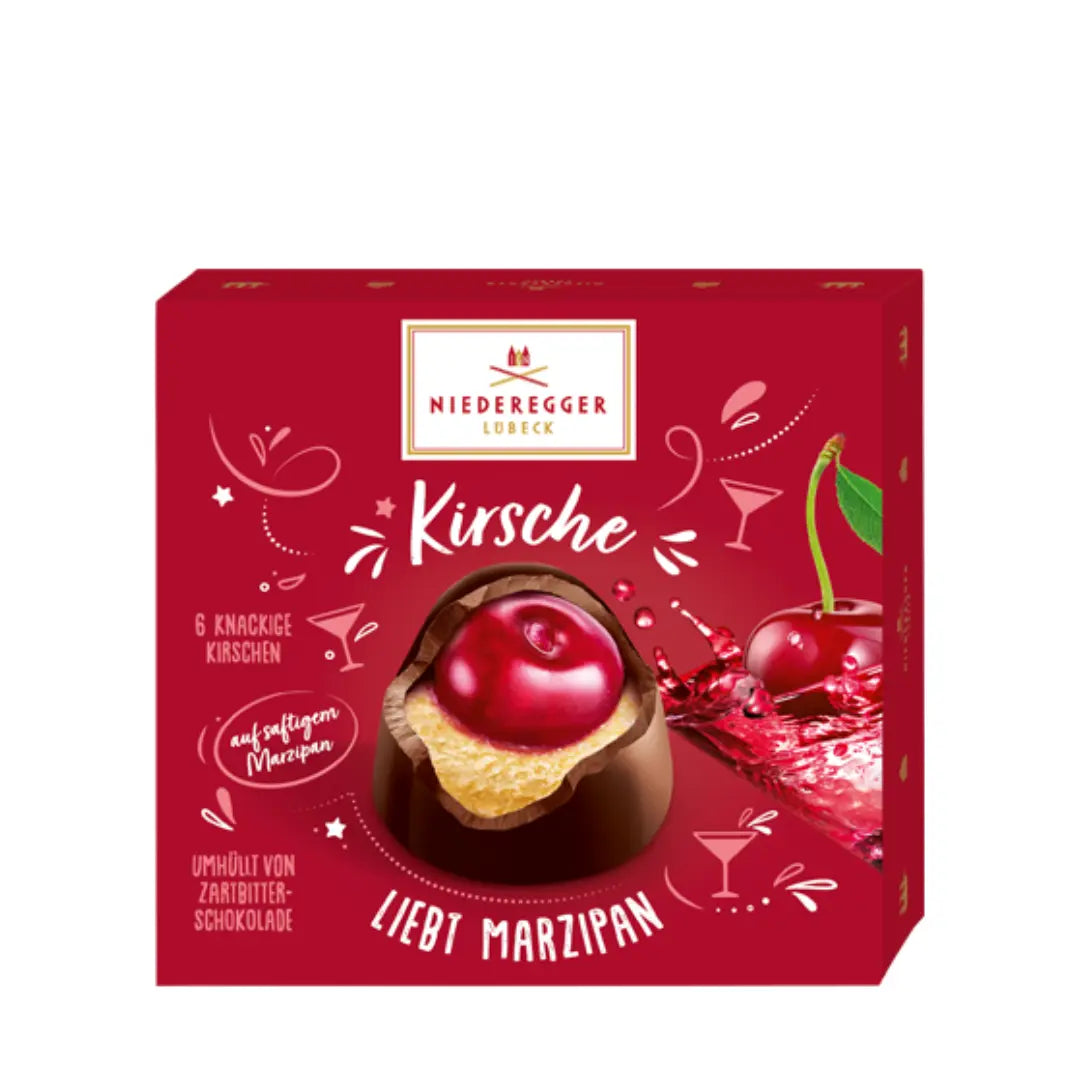 Niederegger kirsikkamarsipaanimarjapalloja punaisessa lahjalahdossa