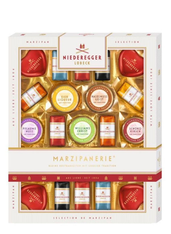 Niederegger Marzipanerie chokladpraliner i dekorativ ask med genomskinligt fönster