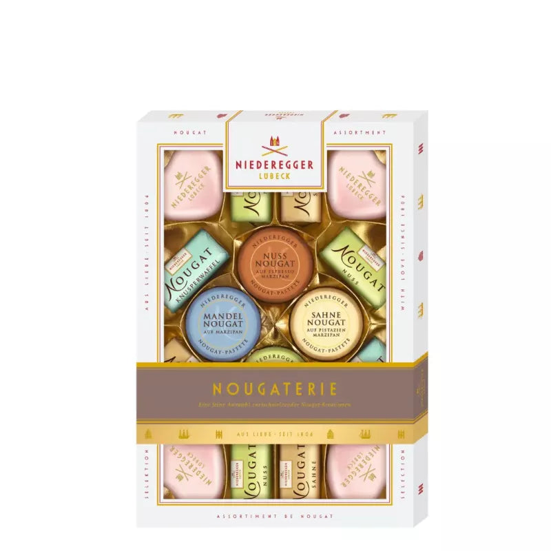 Niederegger Nougat ask 206g värikkäillä nougatpalasilla valoisassa lahjalahdossa