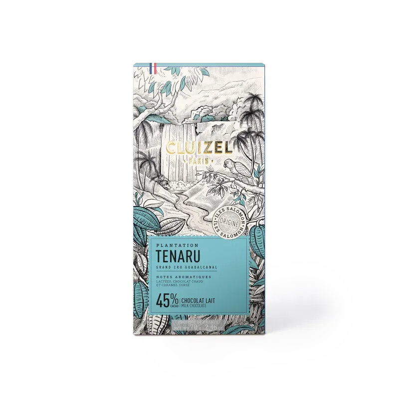 Cluizel Tenaru chokladförpackning med tropisk illustration och etikett