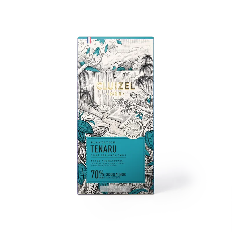 Framsida av Cluizel Tenaru 70% chokladpaket med illustration av regnskog