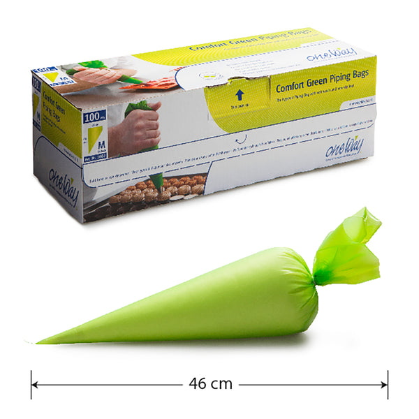 Gröna engångsspritspåsar Medium 46 cm med knuten topp, förpackade i låda märkt OneWay