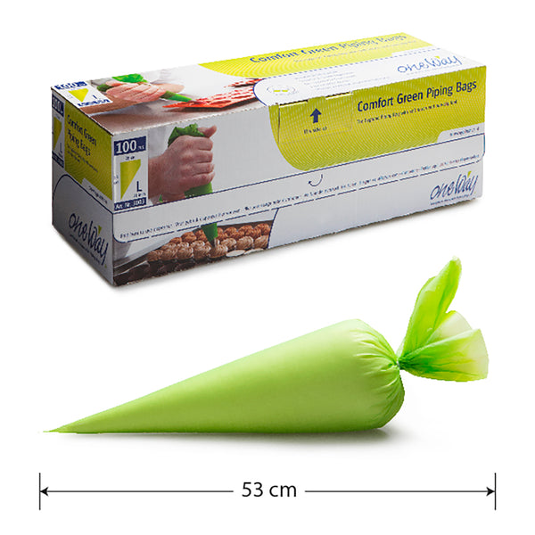 Vihreä kertakäyttöinen koninmuotoinen spritsipussi, jossa solmittu kärki, 53 cm pitkä