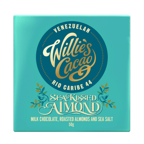 Turkoosi pakkaus Willie's Cacao Sea Kissed Almond maitosuklaa 50g