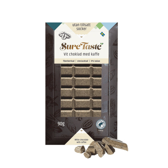 Sure Taste sokeriton valkosuklaa kahvilla 90g, tummanruskea pakkaus ikkunalla ja muruilla