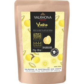 Valrhona Inspiration Yuzu choklad 250g med gul etikett och yuzu-illustration