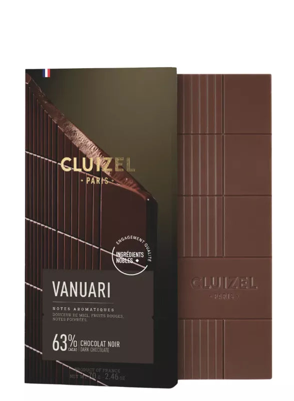 Cluizel Vanuari tumma suklaa 63% kaakao, segmentoitu pinta ja musta pakkaus