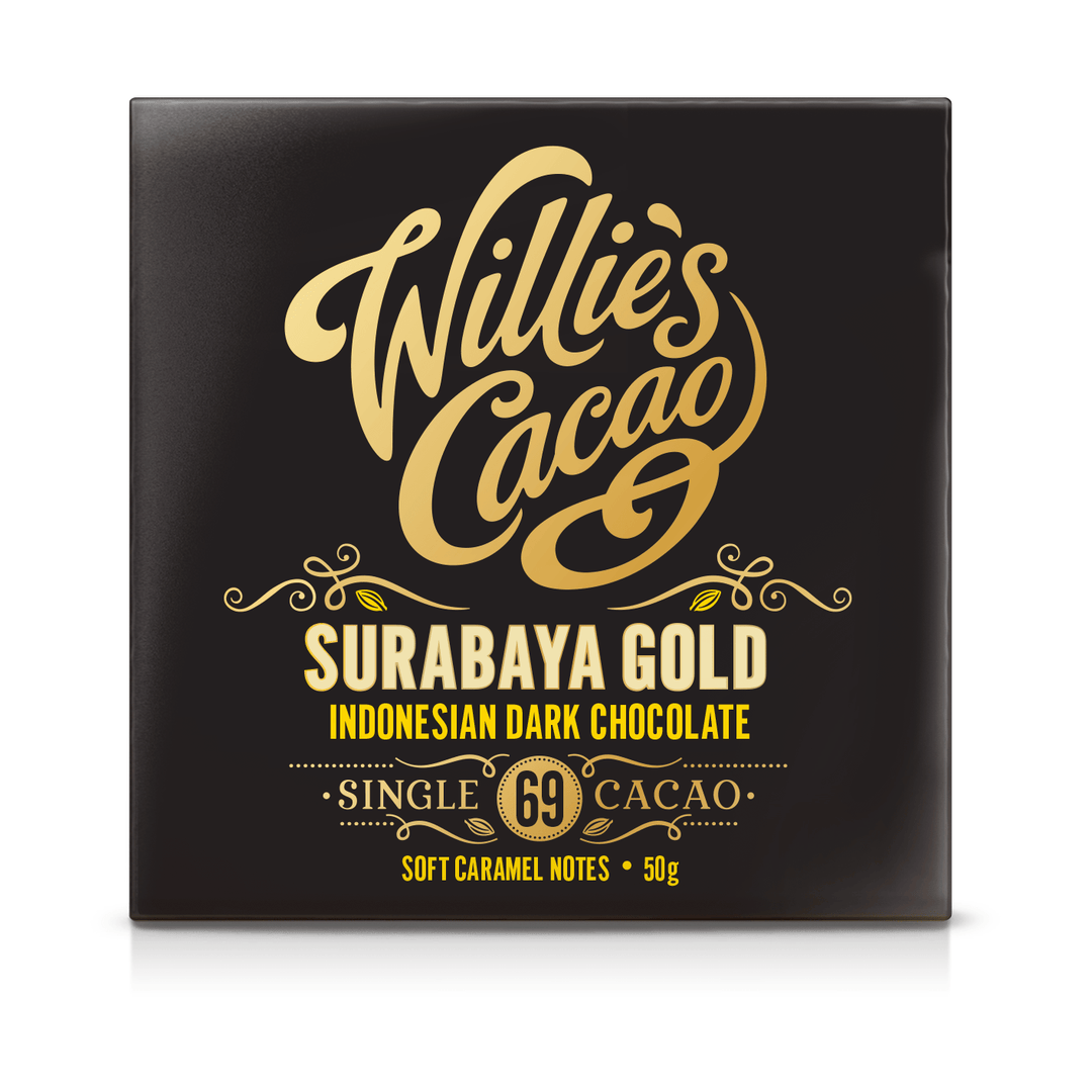 Willie's Cacao Surabaya Gold 69% chokladkaka i svart förpackning med gul text