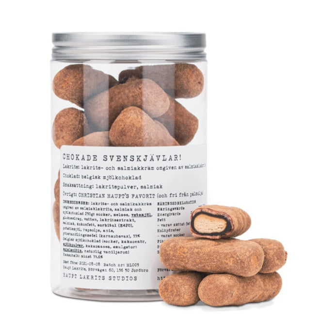 Haupt Lakrits Chokade svenskjävlar i plastdosa med choklad och salmiak