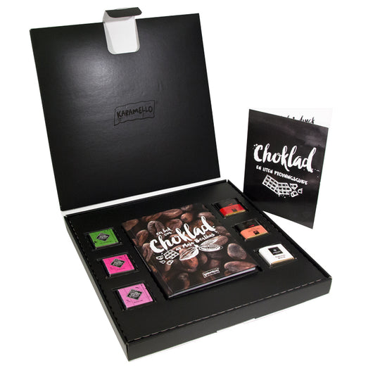 Lyxig chokladprovningask med bok, fem sorters choklad och guide