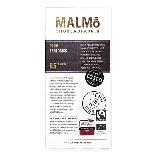 Malmö Chokladfabrik Peru 85% kakao förpackning med Fairtrade-märkning