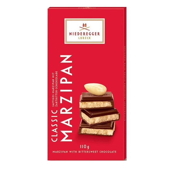 Niederegger Marsipankaka Klassisk 110g i röd förpackning med mörk choklad och mandel