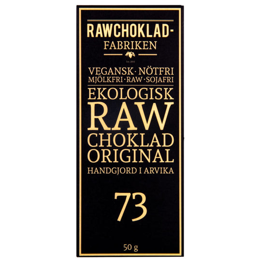 Förpackning av ekologisk raw choklad 73% kakao