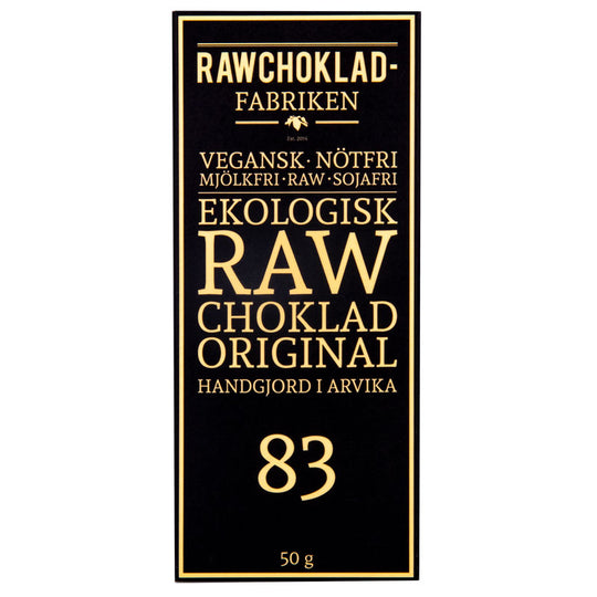 Rawchoklad Original 83% förpackning, vegansk och nötfri chokladkaka