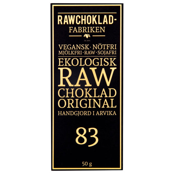 Rawchoklad Original 83% pakkaus, vegaaninen ja pähkinätön suklaakakku