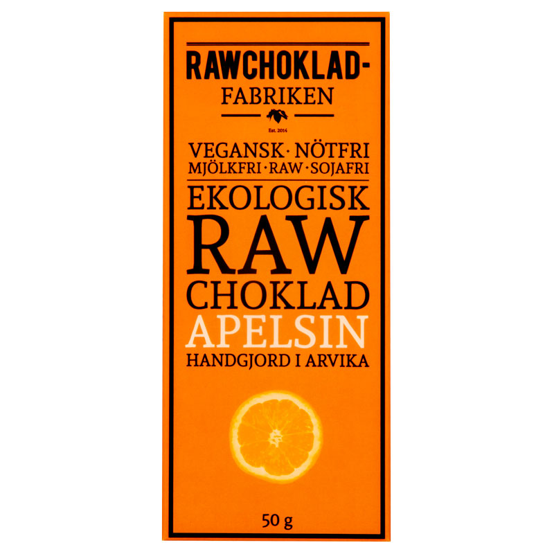 Pakkaus Raakasuklaaappelsiini 73 %, 50 g, vegaaninen ja pähkinätön