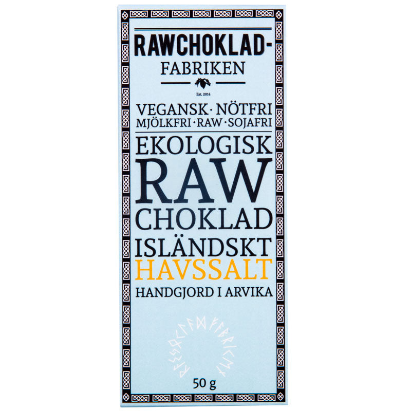 Förpackning för ekologisk raw choklad med isländskt havssalt från Rawchokladfabriken