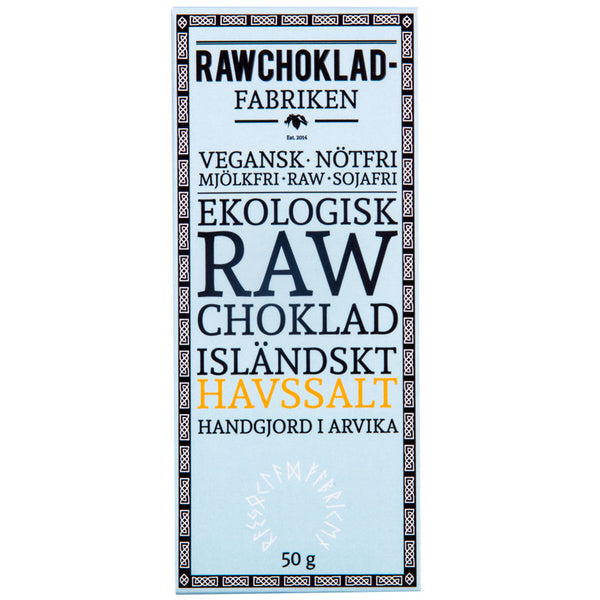 Pakkaus Raawasuklaan tehdas -brändin ekologista raakasuklaata ja islantilaista merisuolaa