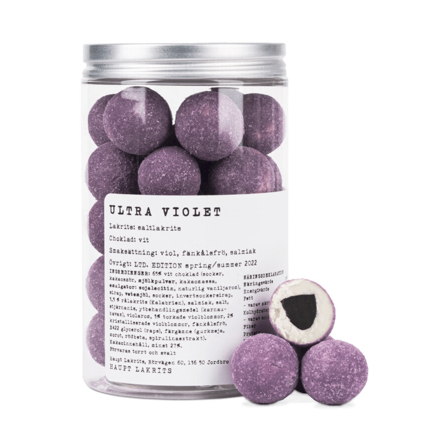 Haupt Lakrits Ultra Violet saltlakrits med vit choklad och viol i plastdosa