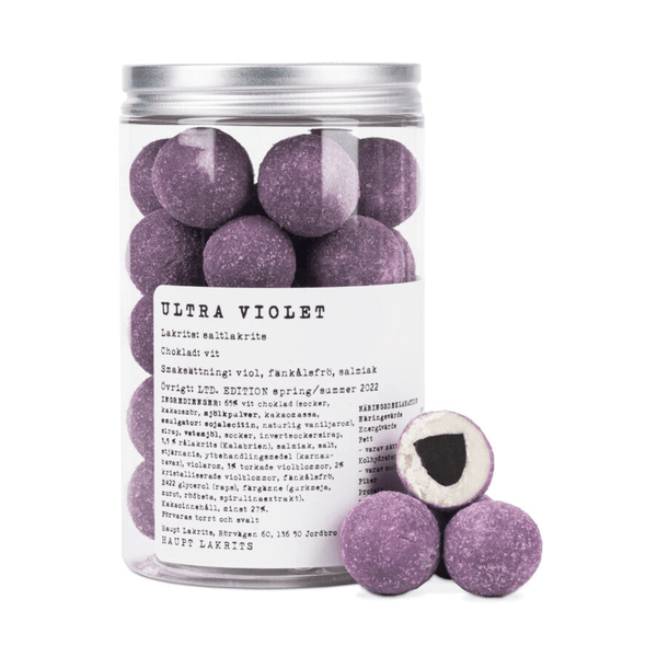 Haupt Lakrits Ultra Violet saltlakrits med vit choklad och viol i plastdosa