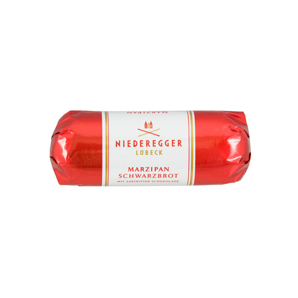 Niederegger Marzipan Schwarzbrot i glansigt rött förpackningspapper med etikett