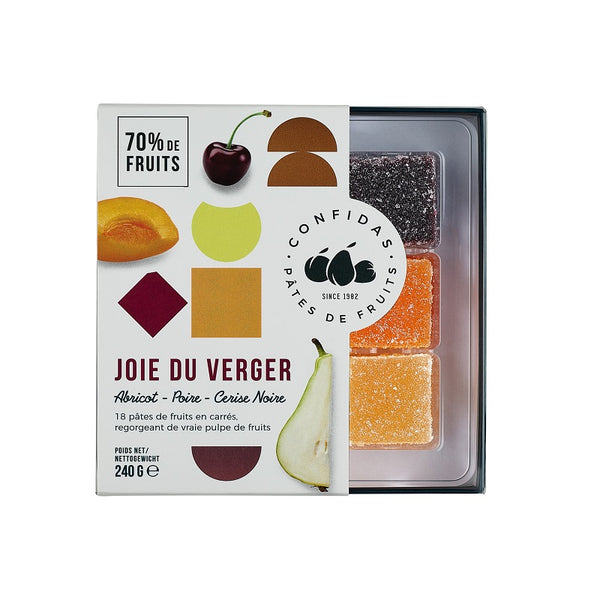 Cónfidas vegansk marmeladgodis med päron, aprikos och körsbär i sockrad kubform