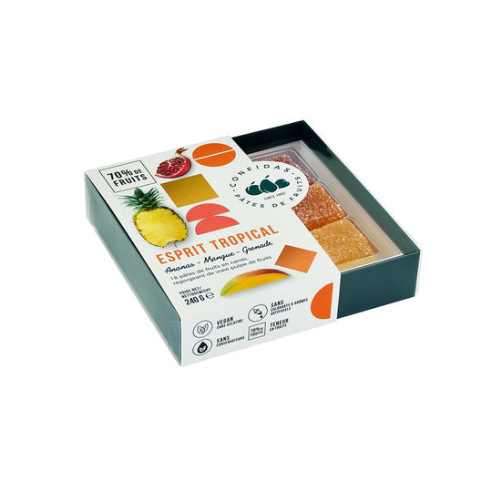Cónfidasin trooppinen hedelmämarmeladi sokerikuorrutettuina kuutioina, mausteena ananas, mango ja granaattiomena